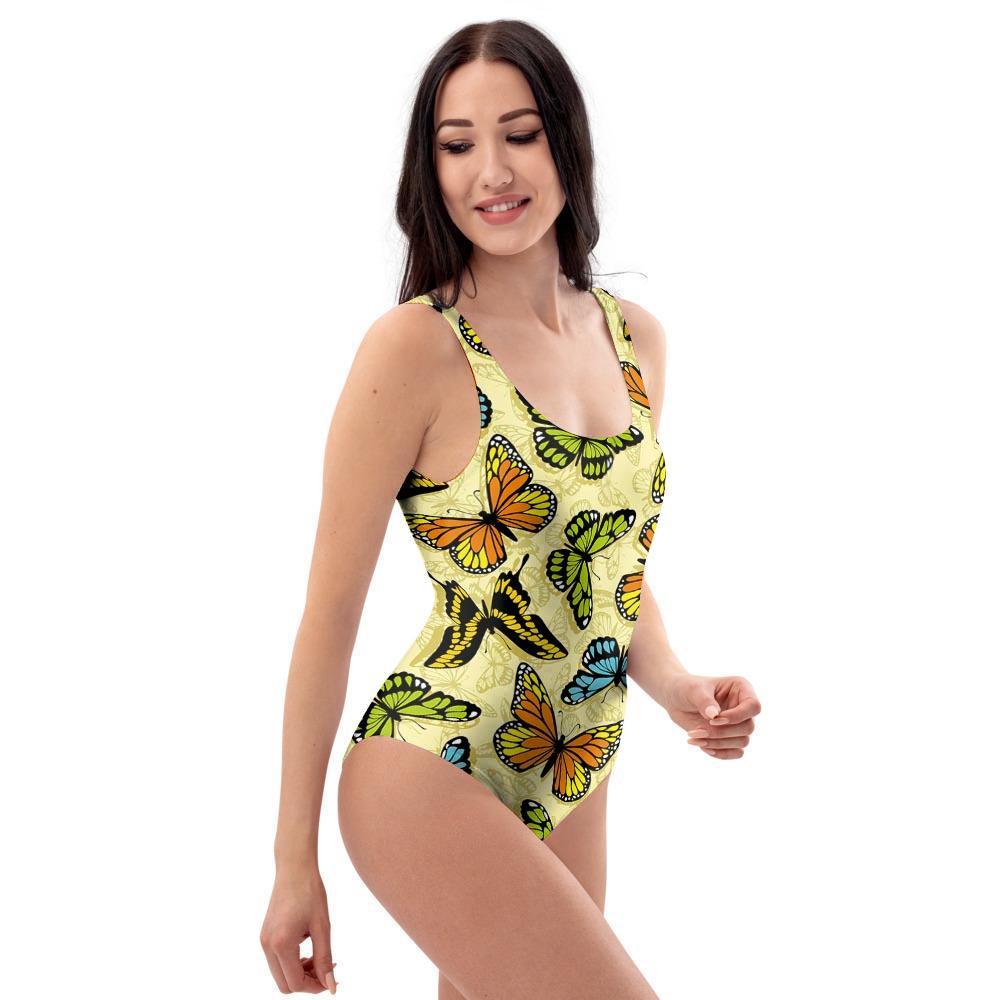 Yellow Butterfly Pattern Print One Piece Swimsuite-grizzshop