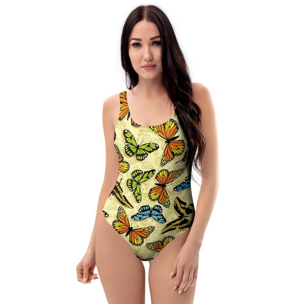 Yellow Butterfly Pattern Print One Piece Swimsuite-grizzshop