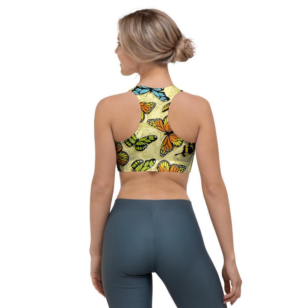 Yellow Butterfly Pattern Print Sports Bra-grizzshop