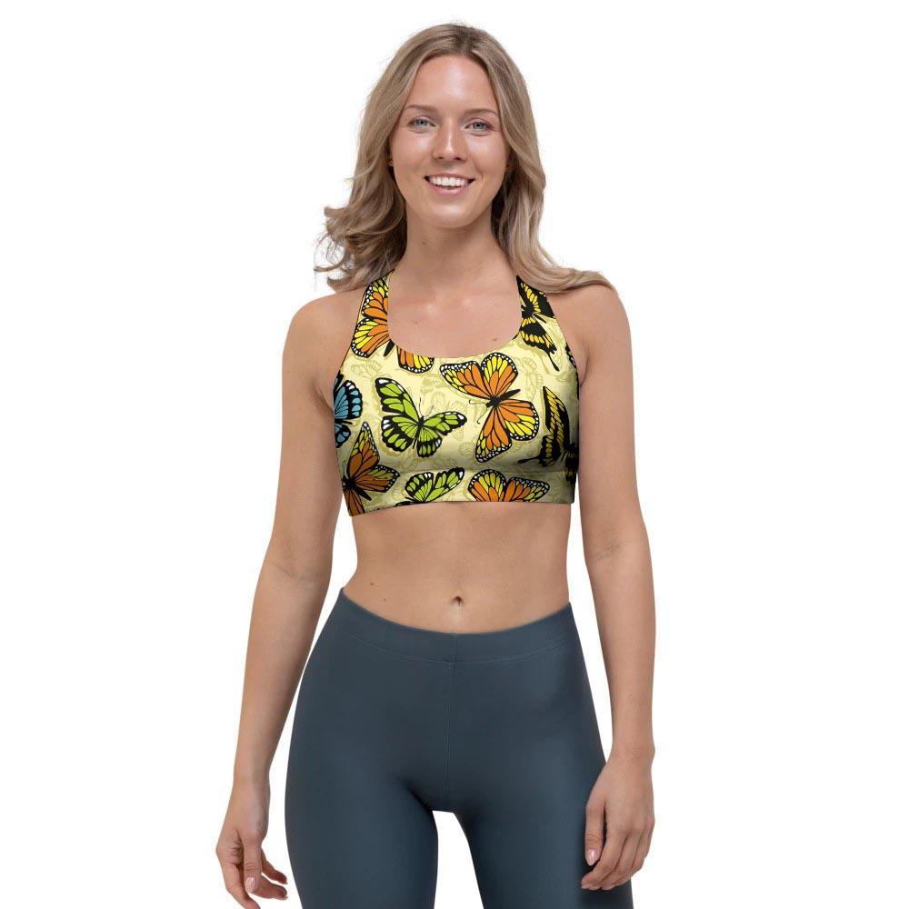 Yellow Butterfly Pattern Print Sports Bra-grizzshop