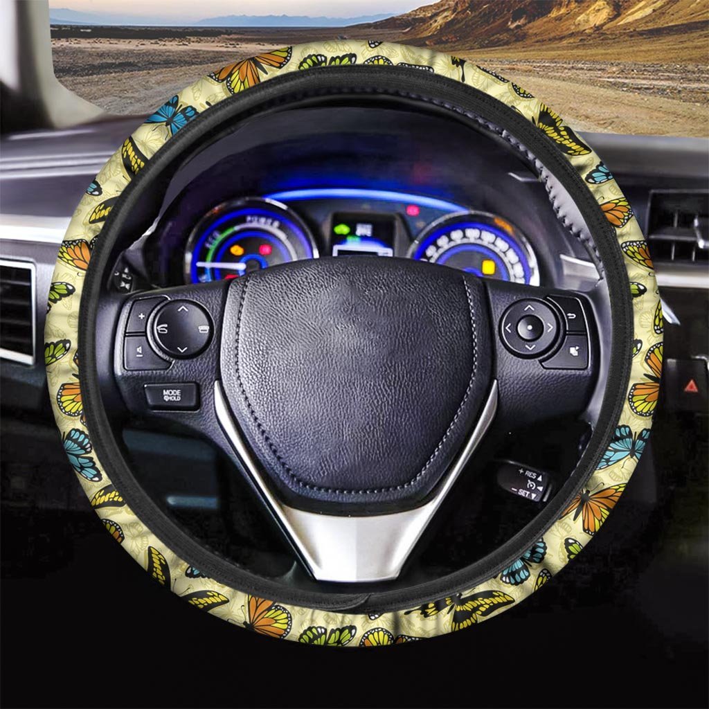 Yellow Butterfly Pattern Print Steering Wheel Cover-grizzshop