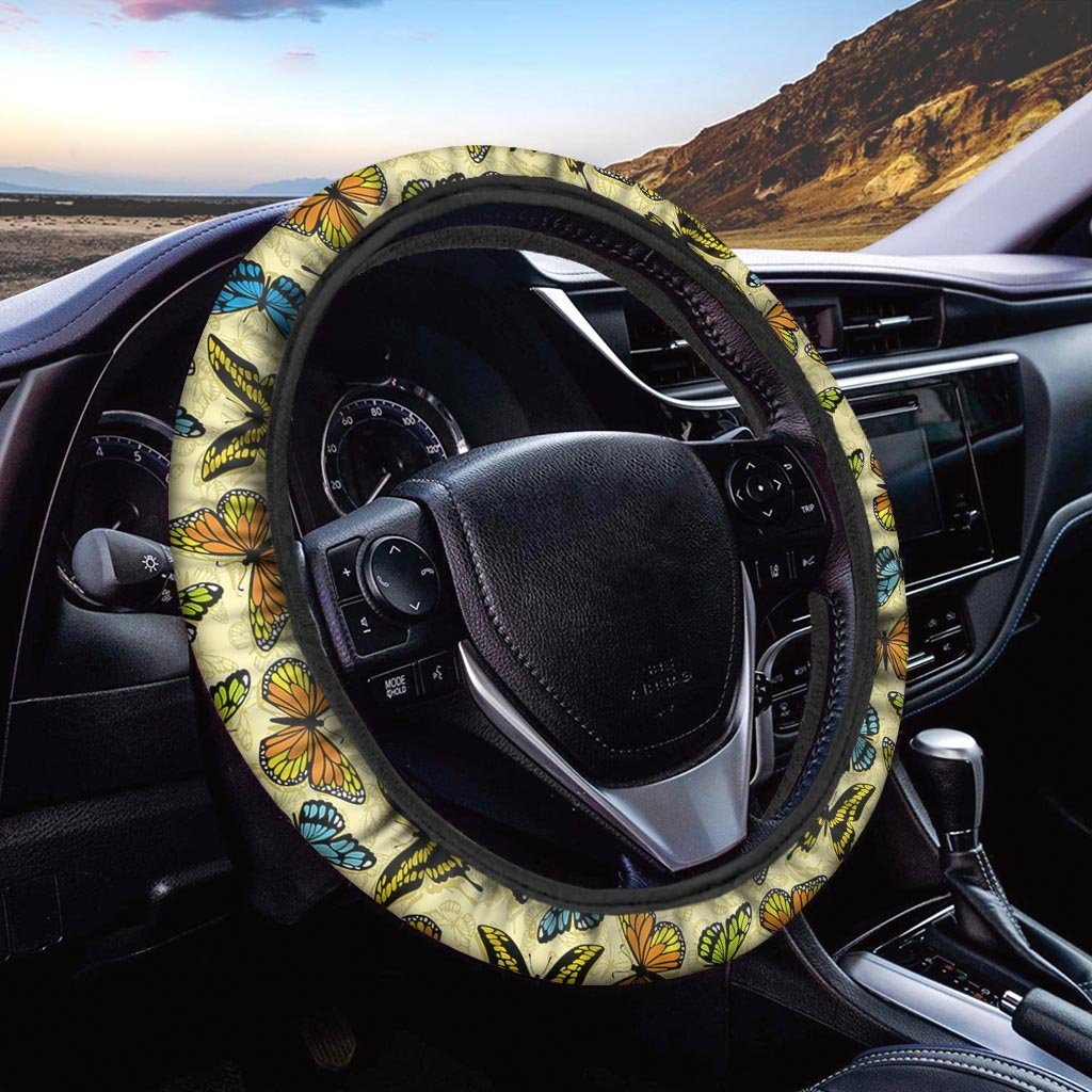 Yellow Butterfly Pattern Print Steering Wheel Cover-grizzshop