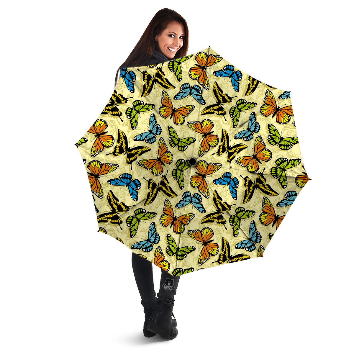 Yellow Butterfly Pattern Print Umbrella-grizzshop