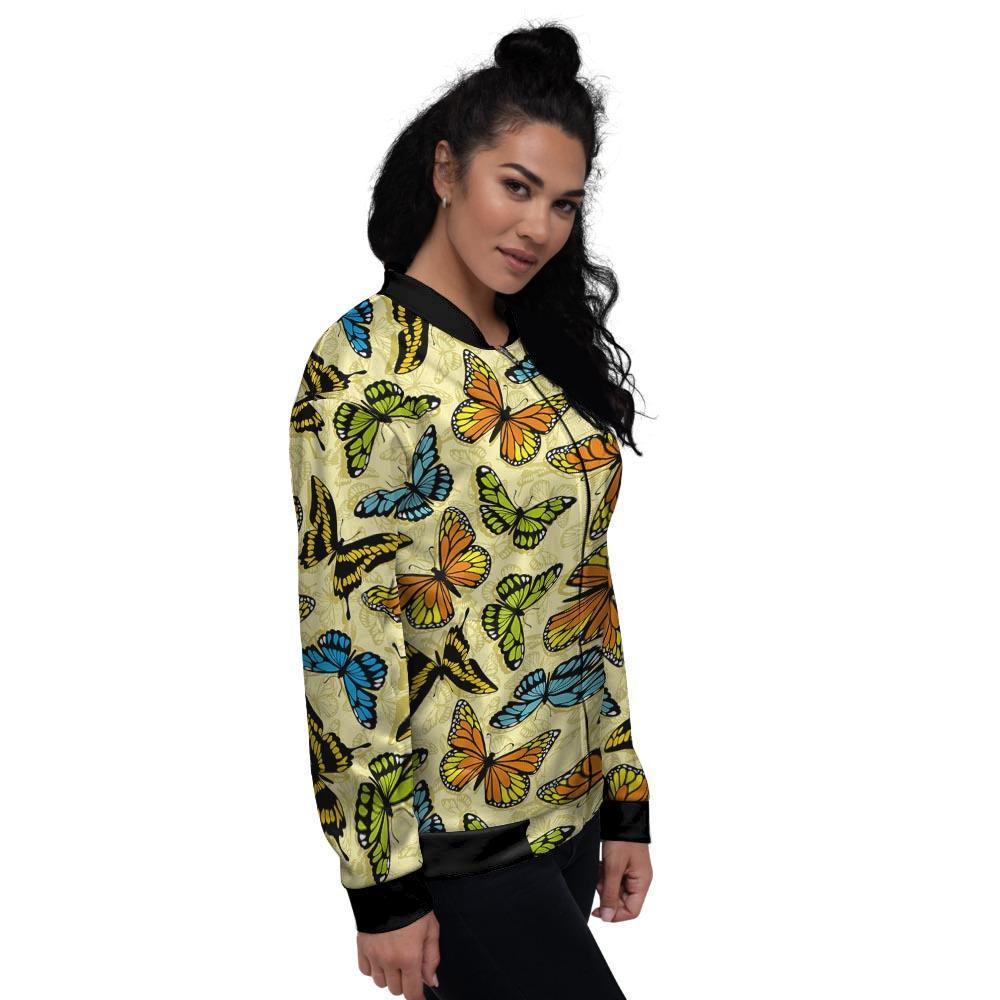 Yellow Butterfly Pattern Print Women's Bomber Jacket-grizzshop