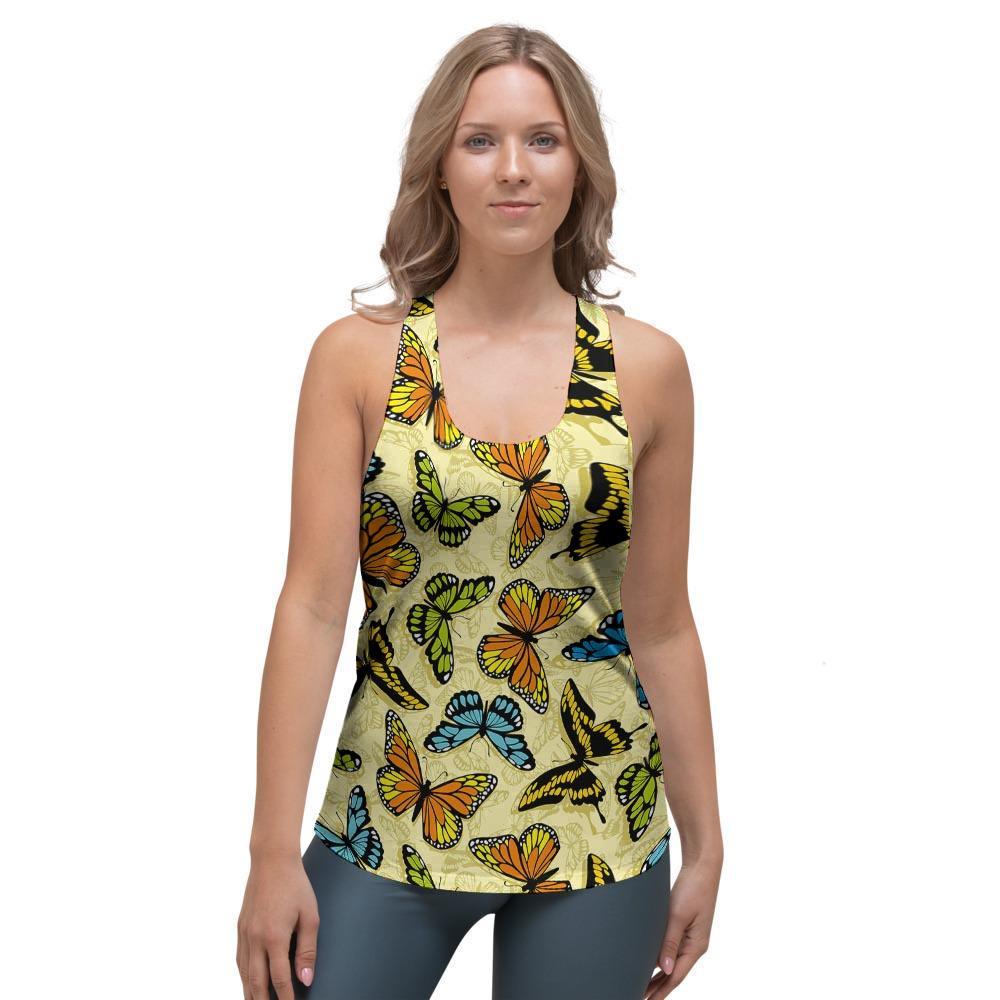 Yellow Butterfly Pattern Print Women's Racerback Tank Top-grizzshop