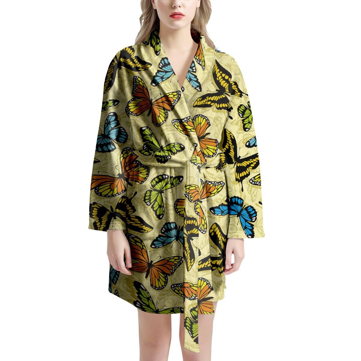 Yellow Butterfly Pattern Print Women's Robe-grizzshop