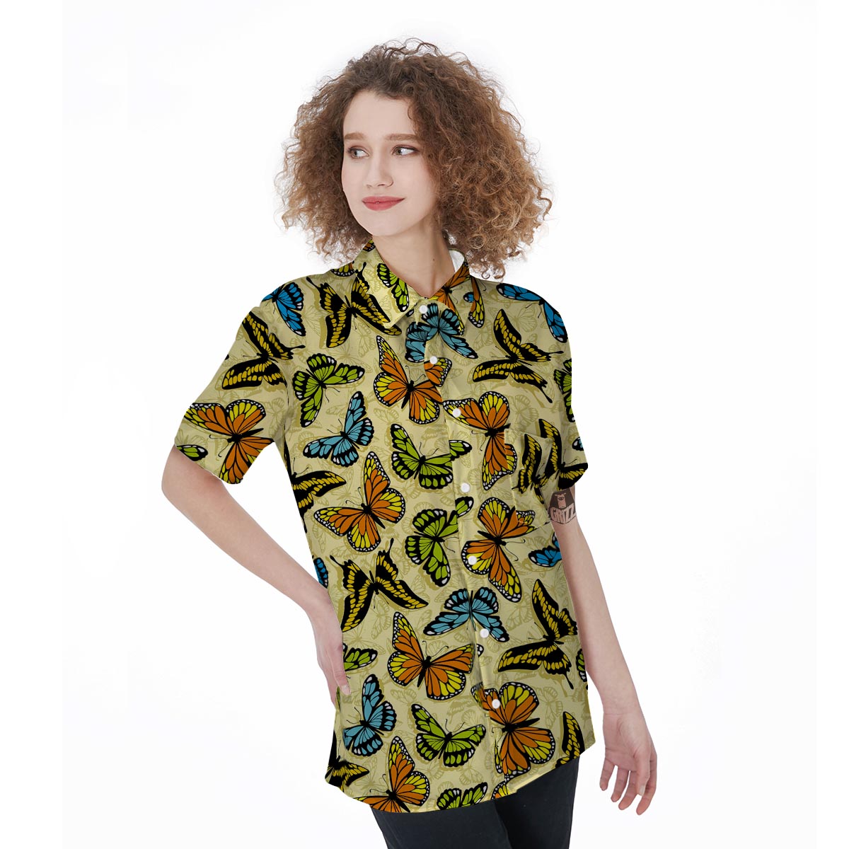 Yellow Butterfly Pattern Print Women's Short Sleeve Shirts-grizzshop