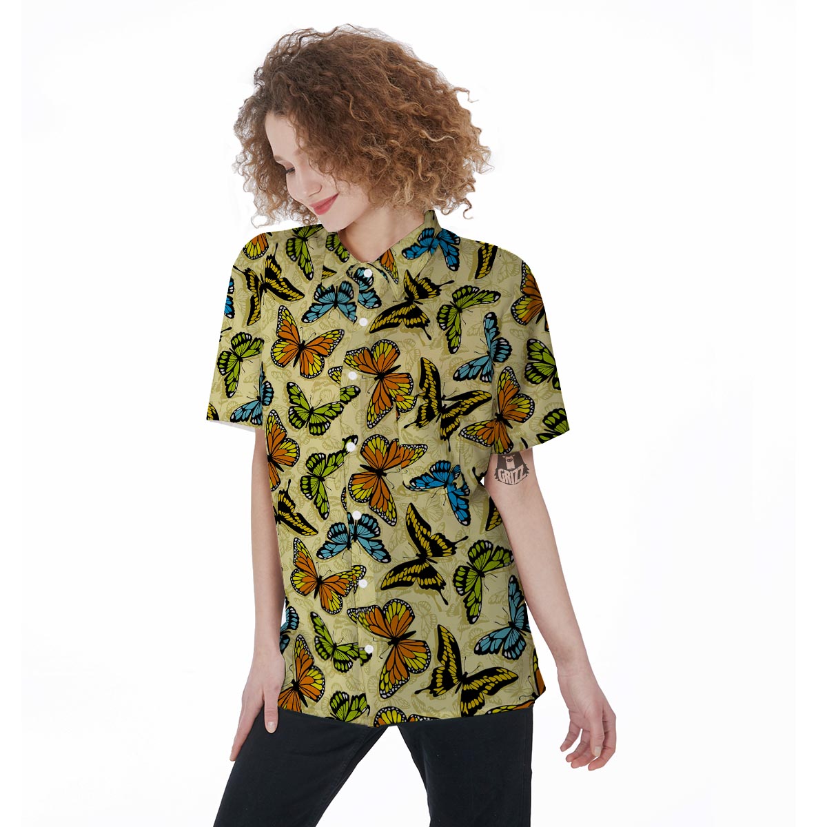 Yellow Butterfly Pattern Print Women's Short Sleeve Shirts-grizzshop