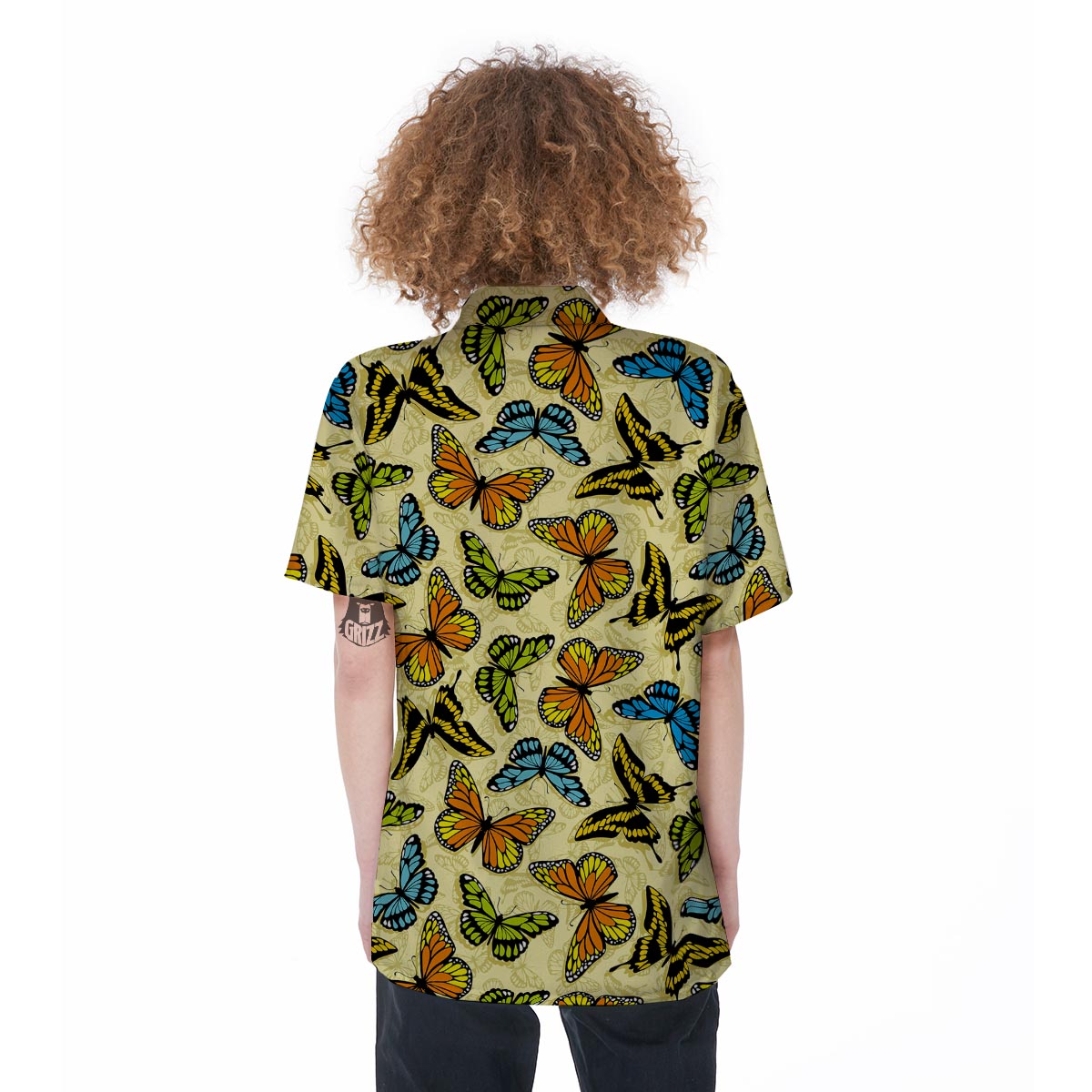 Yellow Butterfly Pattern Print Women's Short Sleeve Shirts-grizzshop