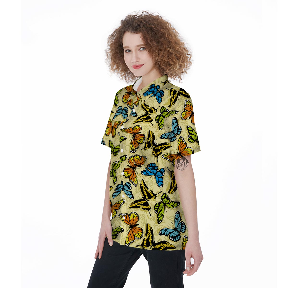 Yellow Butterfly Pattern Print Women's Short Sleeve Shirts-grizzshop