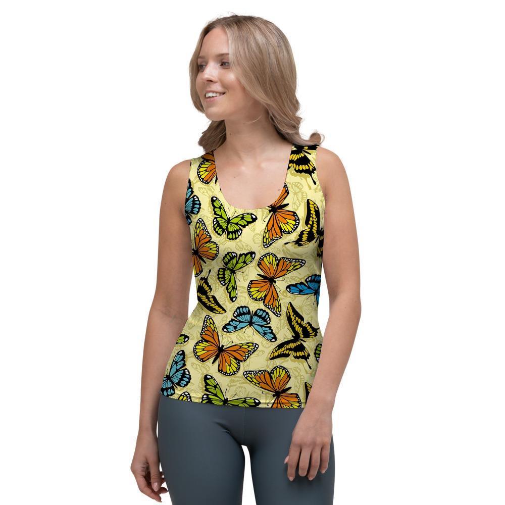 Yellow Butterfly Pattern Print Women's Tank Top-grizzshop