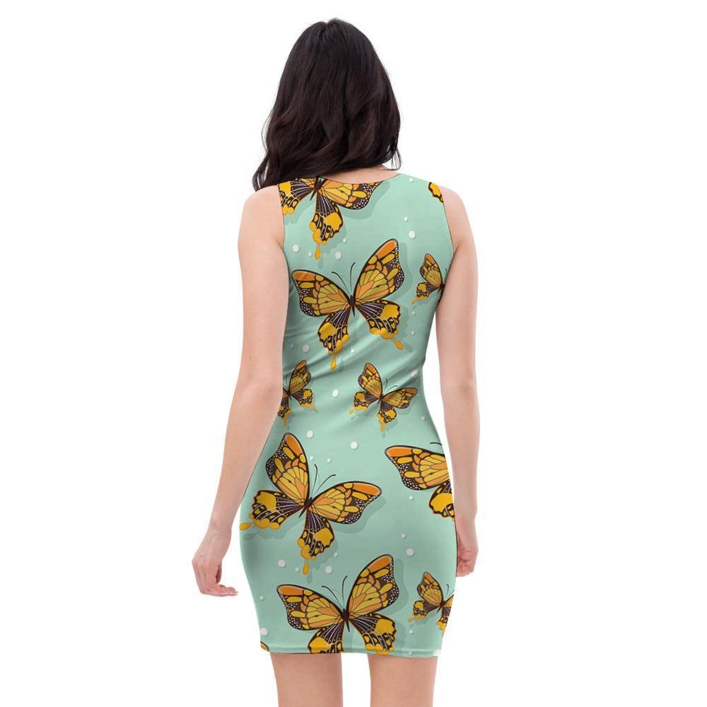 Yellow Butterfly Print Bodycon Dress-grizzshop