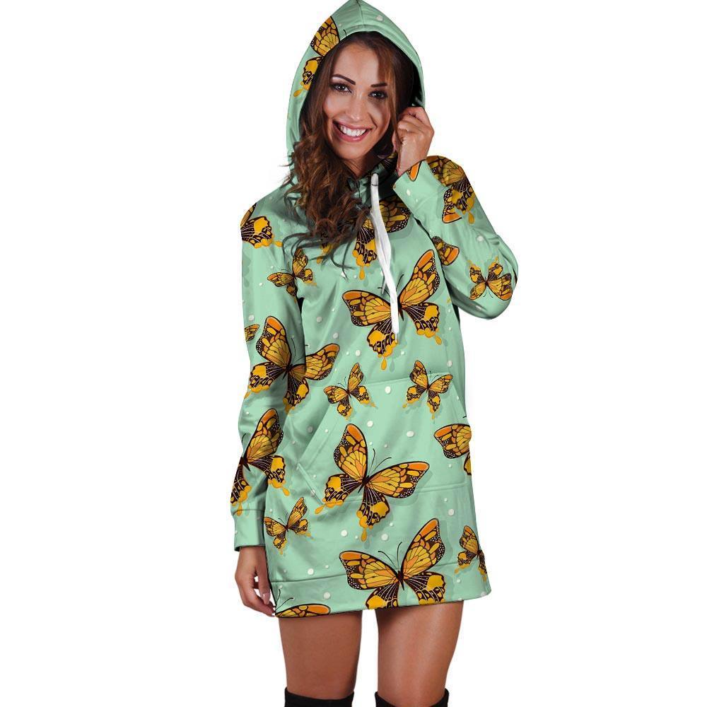 Yellow Butterfly Print Hoodie Dress-grizzshop