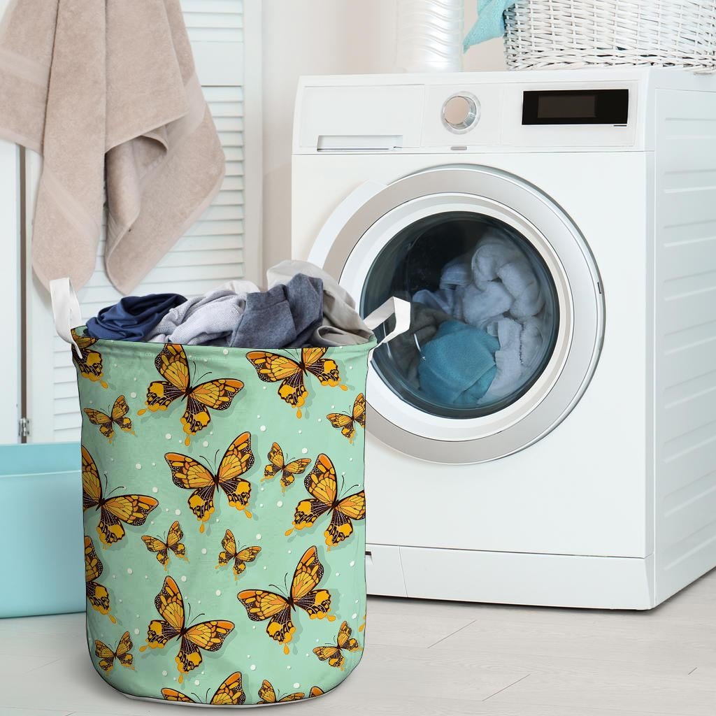 Yellow Butterfly Print Laundry Basket-grizzshop