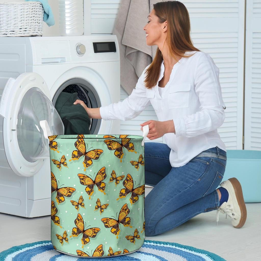 Yellow Butterfly Print Laundry Basket-grizzshop