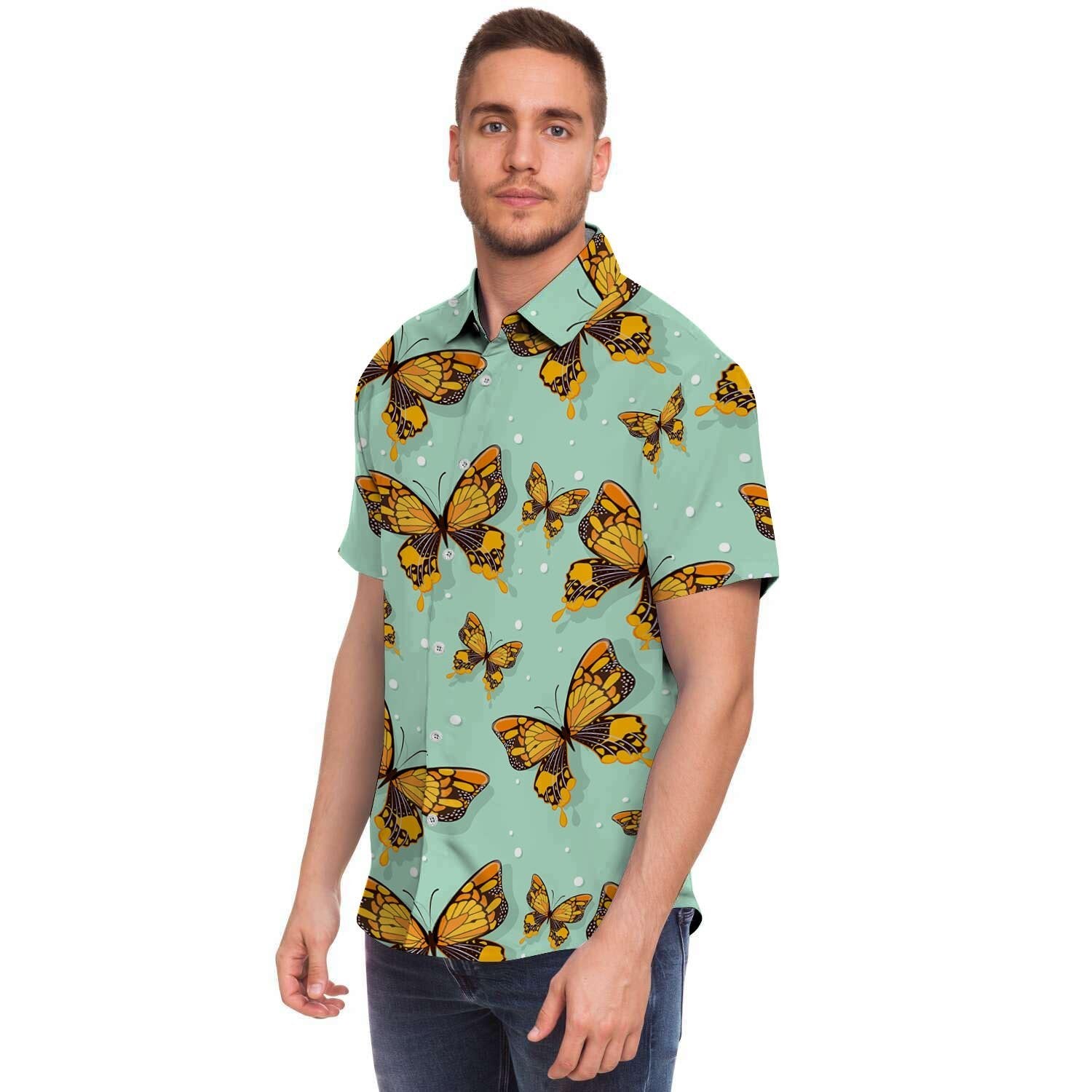 Yellow Butterfly Print Men's Short Sleeve Shirt-grizzshop