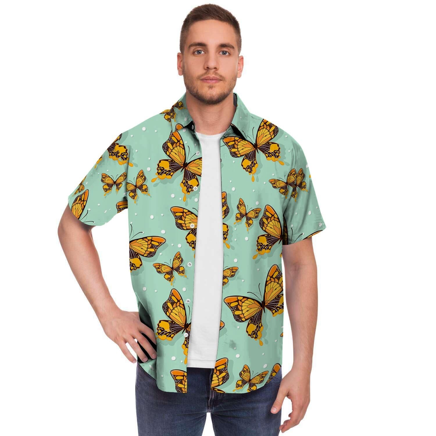 Yellow Butterfly Print Men's Short Sleeve Shirt-grizzshop