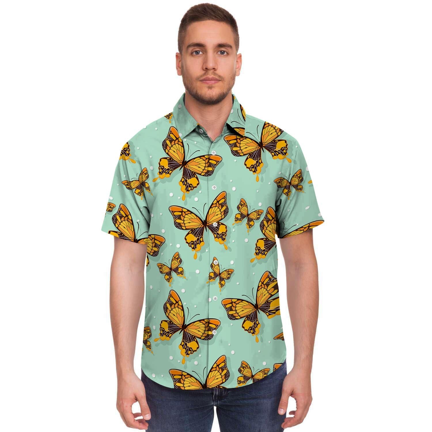 Yellow Butterfly Print Men's Short Sleeve Shirt-grizzshop