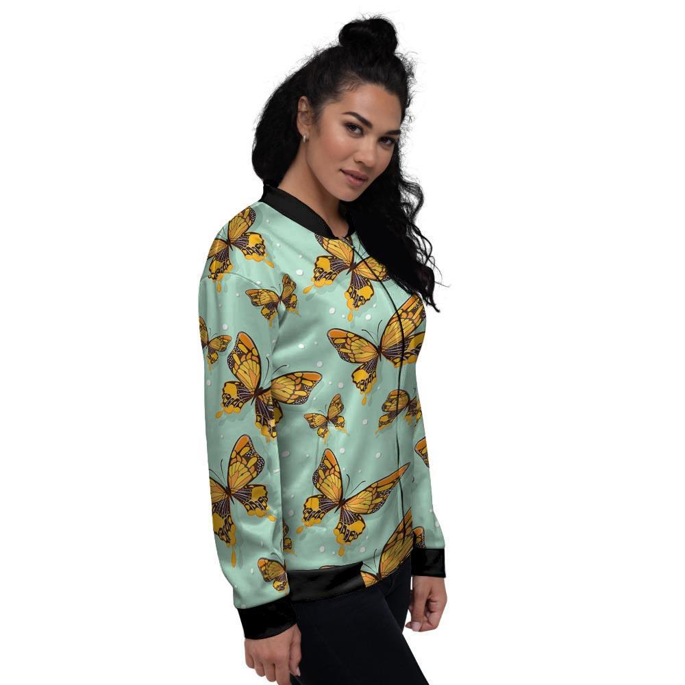 Yellow Butterfly Print Women's Bomber Jacket-grizzshop