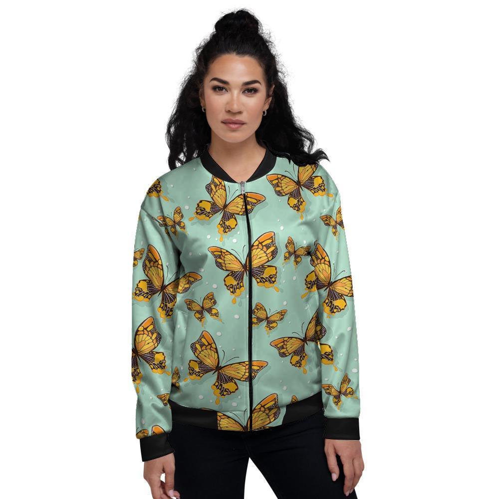 Yellow Butterfly Print Women's Bomber Jacket-grizzshop