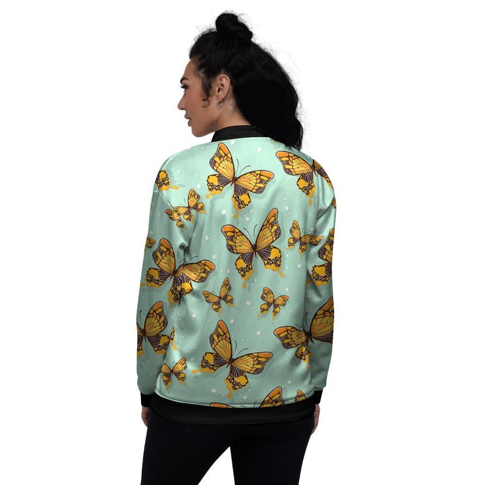 Yellow Butterfly Print Women's Bomber Jacket-grizzshop