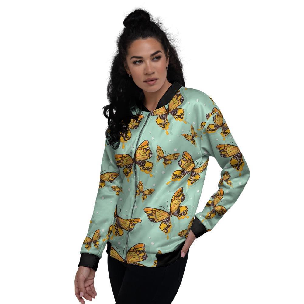 Yellow Butterfly Print Women's Bomber Jacket-grizzshop