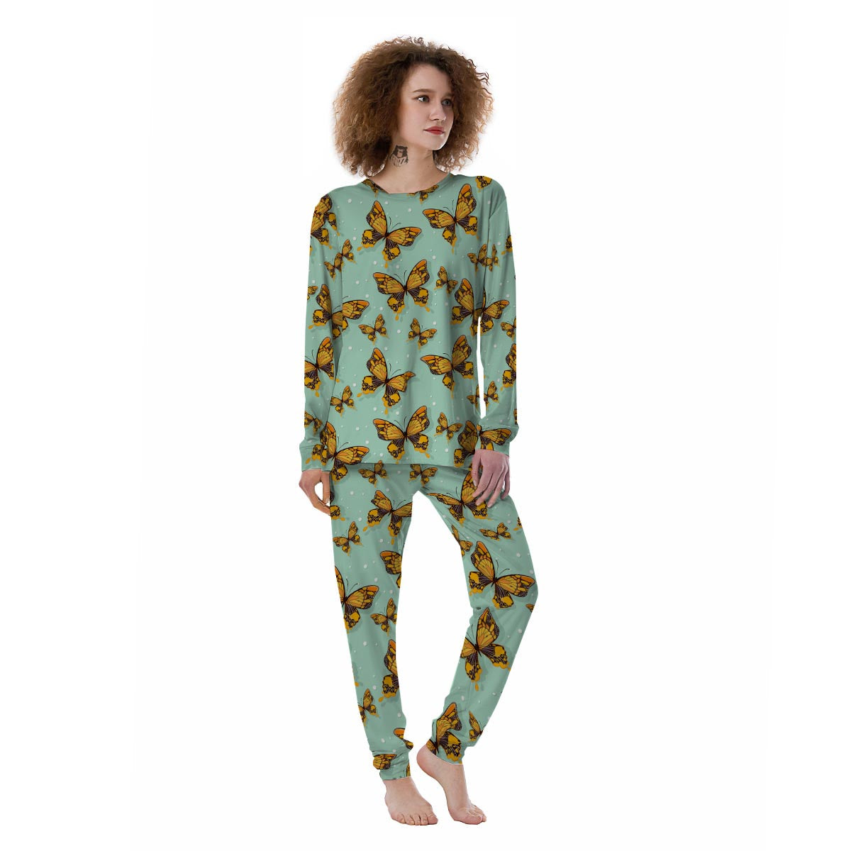 Yellow Butterfly Print Women's Pajamas-grizzshop