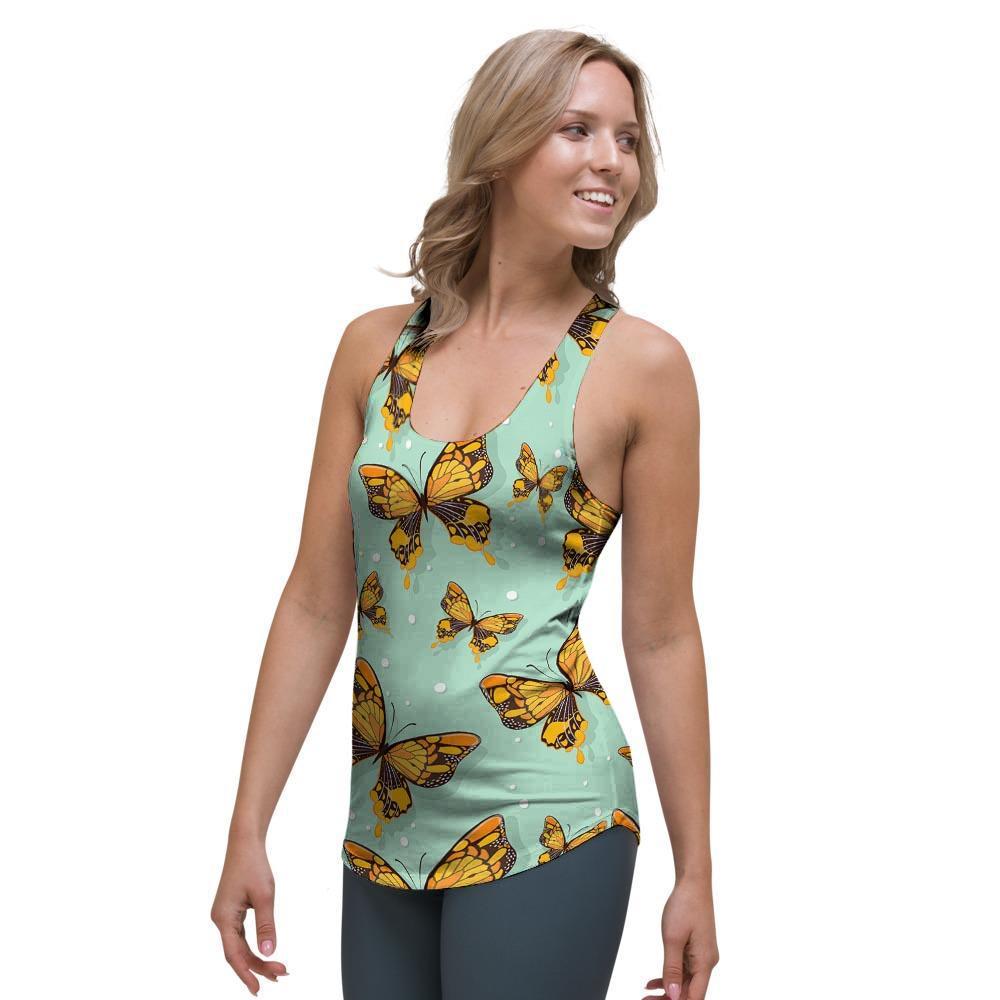Yellow Butterfly Print Women's Racerback Tank Top-grizzshop