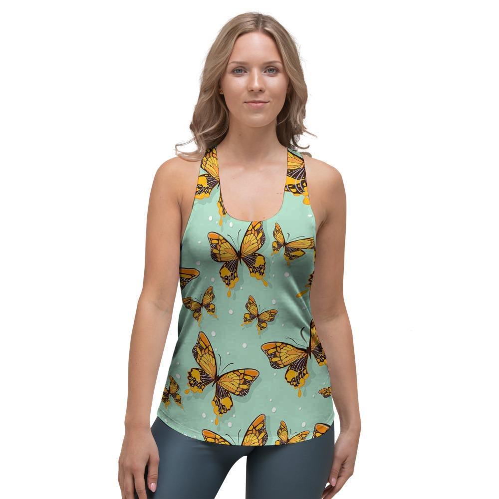 Yellow Butterfly Print Women's Racerback Tank Top-grizzshop