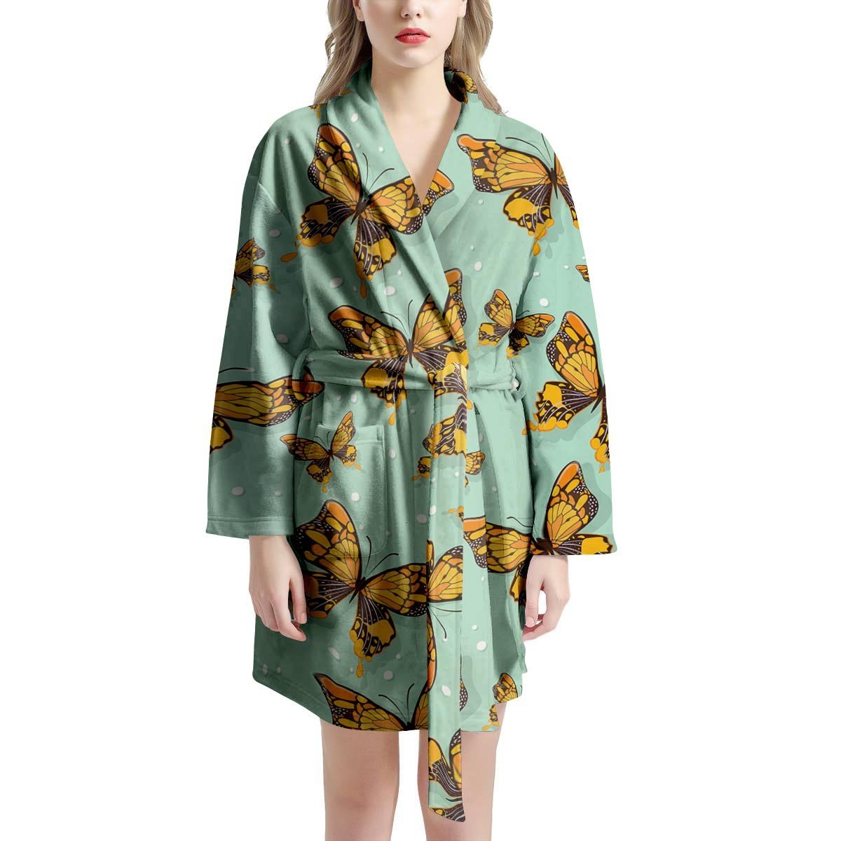 Yellow Butterfly Print Women's Robe-grizzshop