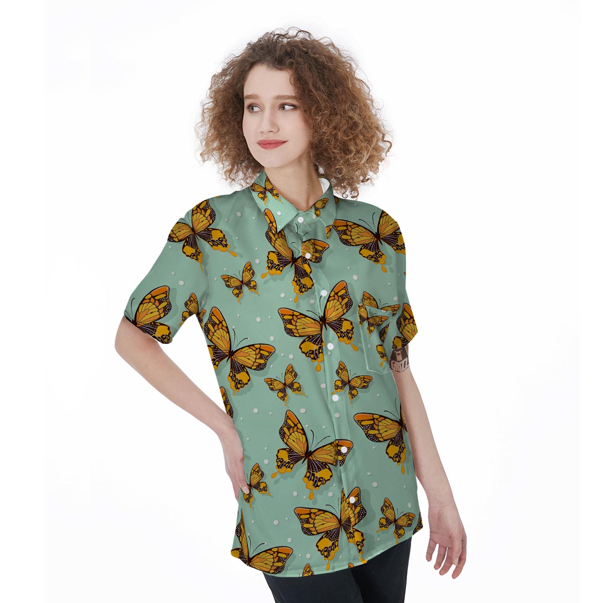 Yellow Butterfly Print Women's Short Sleeve Shirts-grizzshop