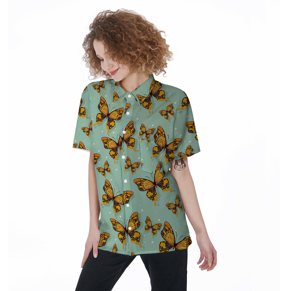 Yellow Butterfly Print Women's Short Sleeve Shirts-grizzshop