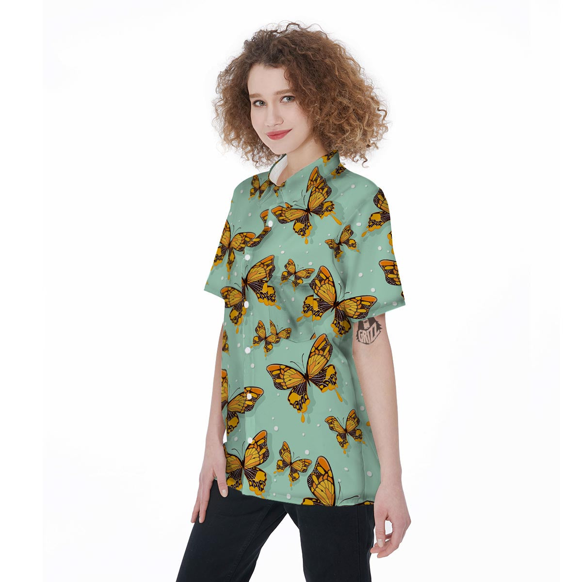 Yellow Butterfly Print Women's Short Sleeve Shirts-grizzshop