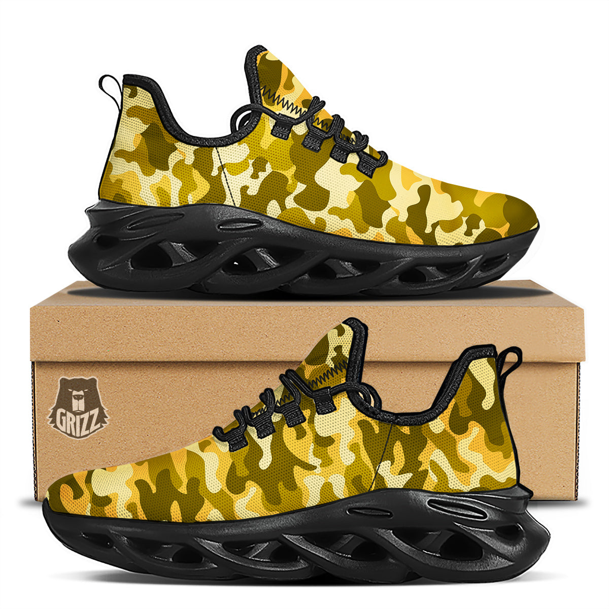 Yellow Camo And Camouflage Print Black Running Shoes-grizzshop