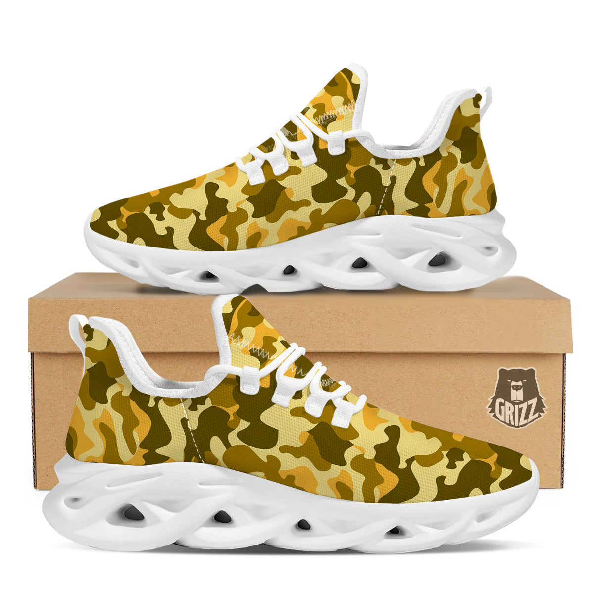 Yellow Camo And Camouflage Print White Running Shoes-grizzshop