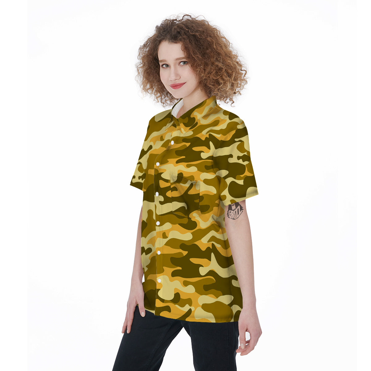 Yellow Camo And Camouflage Print Women's Short Sleeve Shirts-grizzshop
