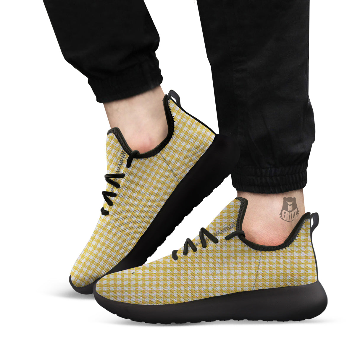 Yellow Canary And White Gingham Print Black Athletic Shoes-grizzshop