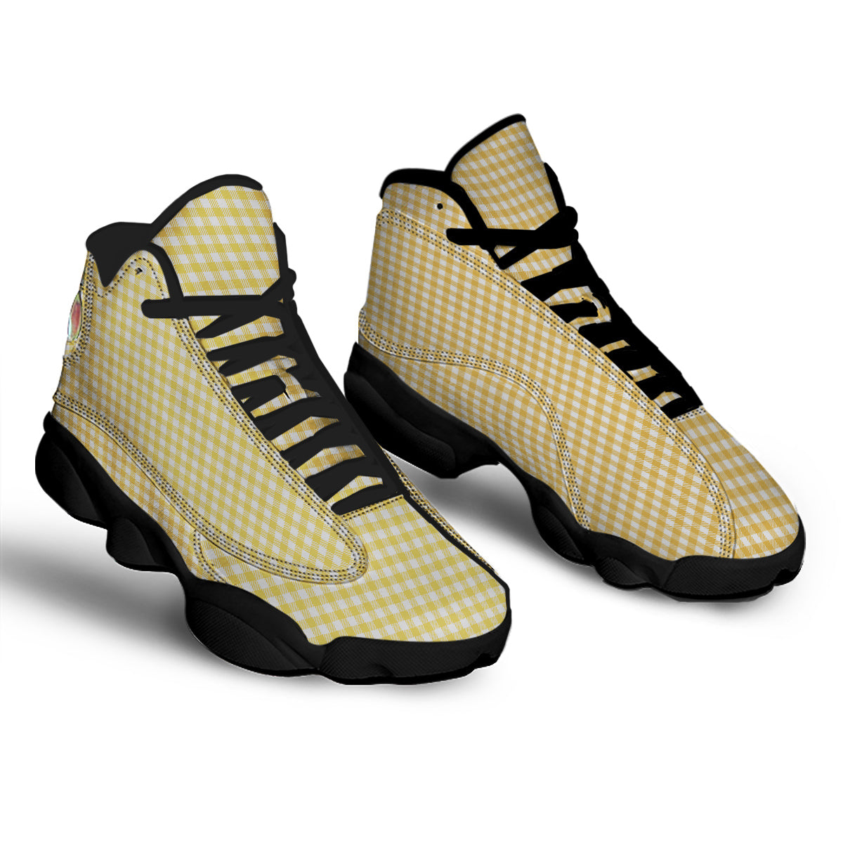 Yellow Canary And White Gingham Print Black Basketball Shoes-grizzshop