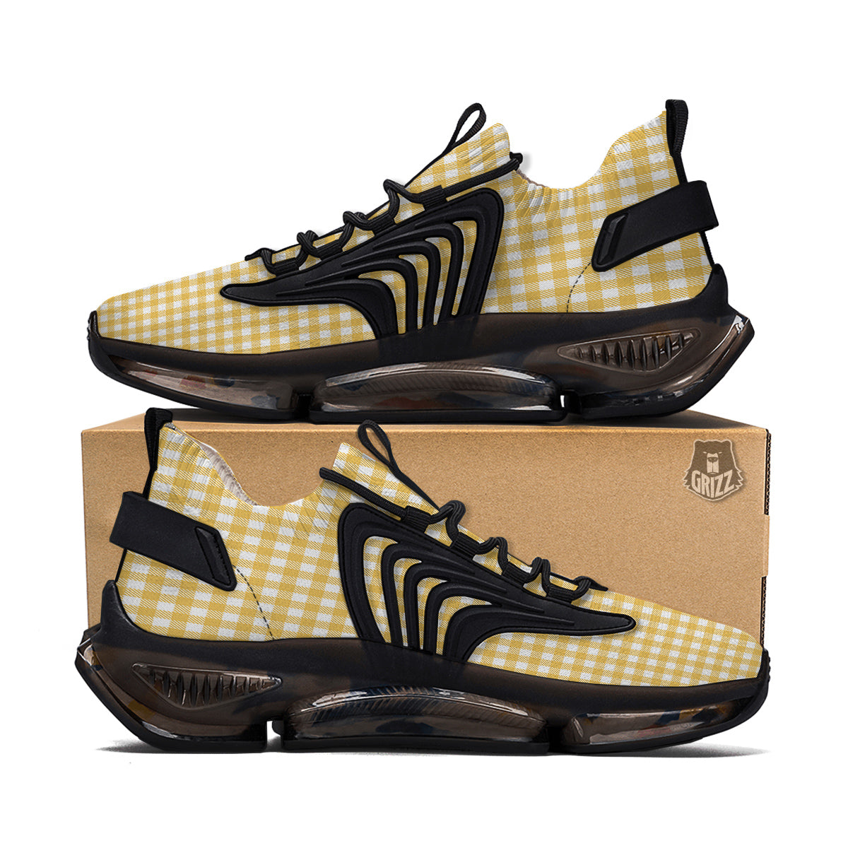 Yellow Canary And White Gingham Print Black Gym Shoes-grizzshop