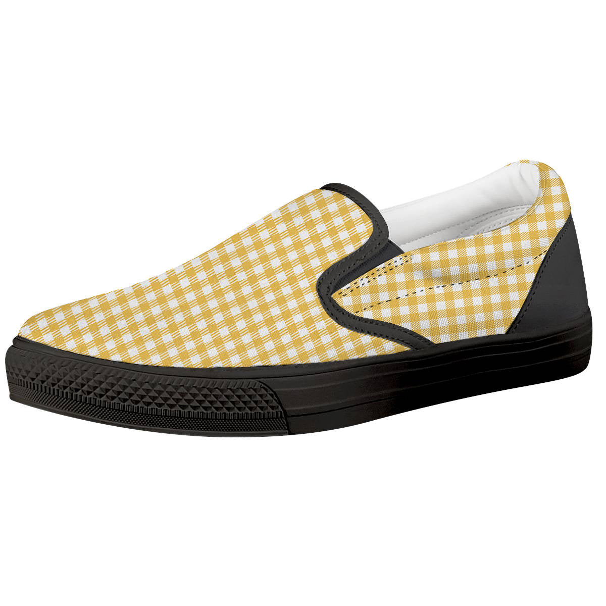 Yellow Canary And White Gingham Print Black Slip On Shoes-grizzshop