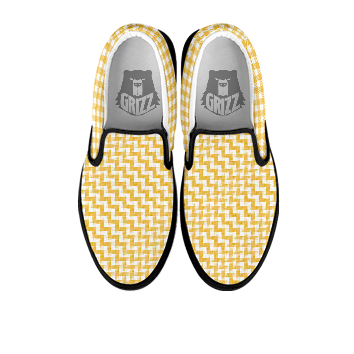 Yellow Canary And White Gingham Print Black Slip On Shoes-grizzshop