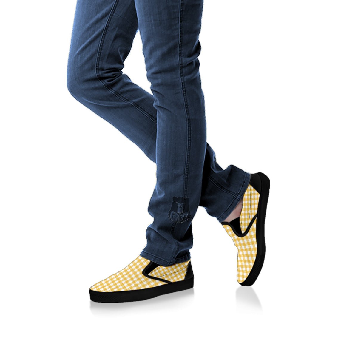 Yellow Canary And White Gingham Print Black Slip On Shoes-grizzshop
