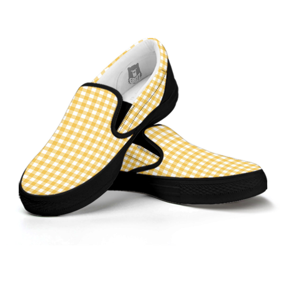 Yellow Canary And White Gingham Print Black Slip On Shoes-grizzshop