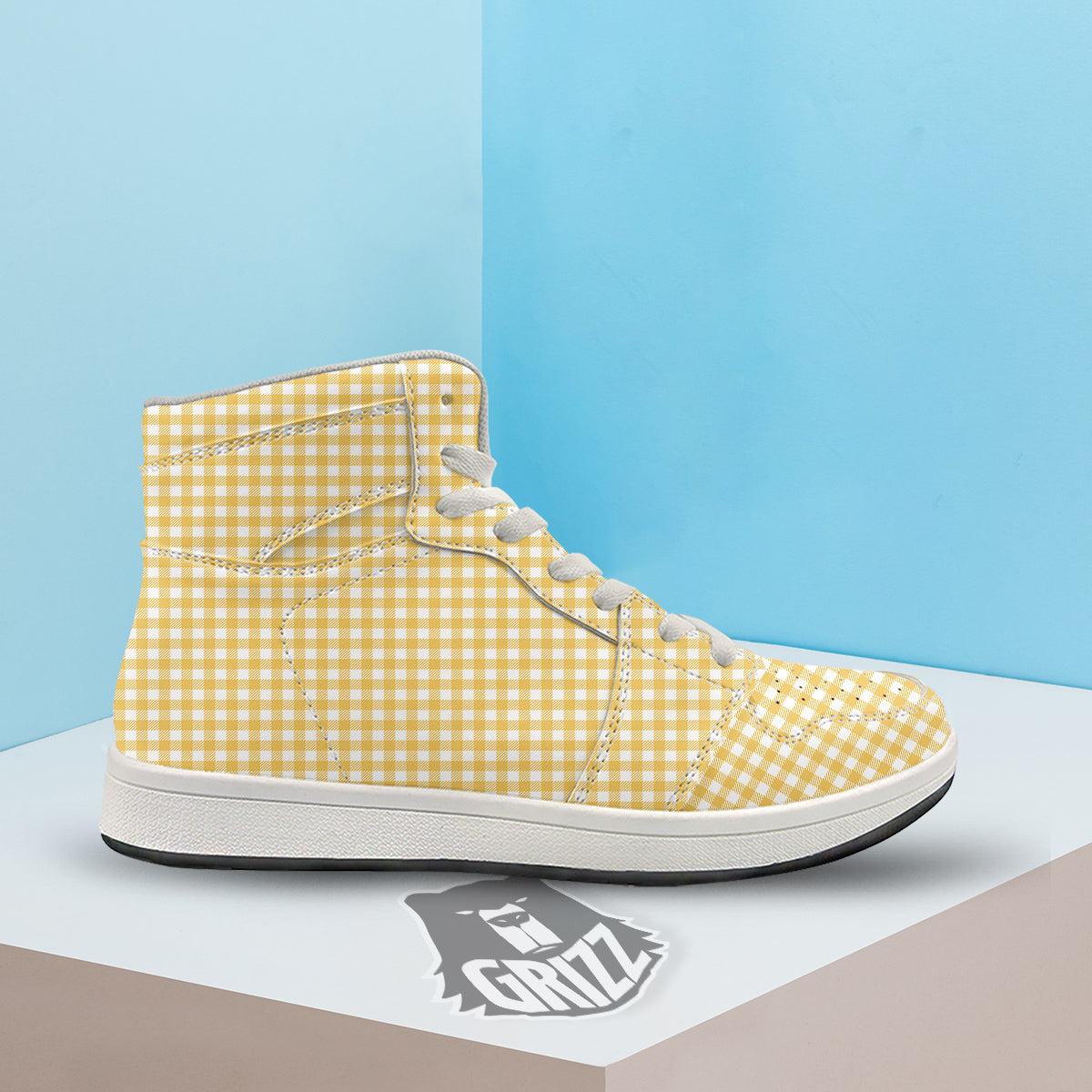 Yellow Canary And White Gingham Print High Top Sneakers-grizzshop