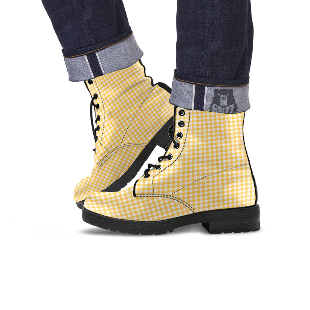 Yellow Canary And White Gingham Print Leather Boots-grizzshop