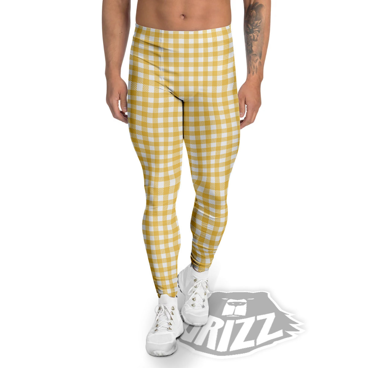 Yellow Canary And White Gingham Print Men's Leggings-grizzshop