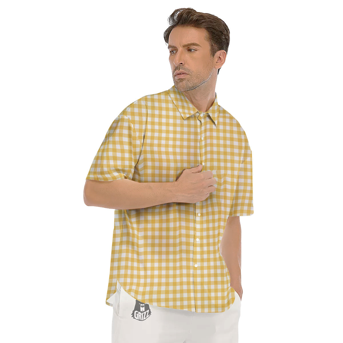 Yellow Canary And White Gingham Print Men's Short Sleeve Shirts-grizzshop