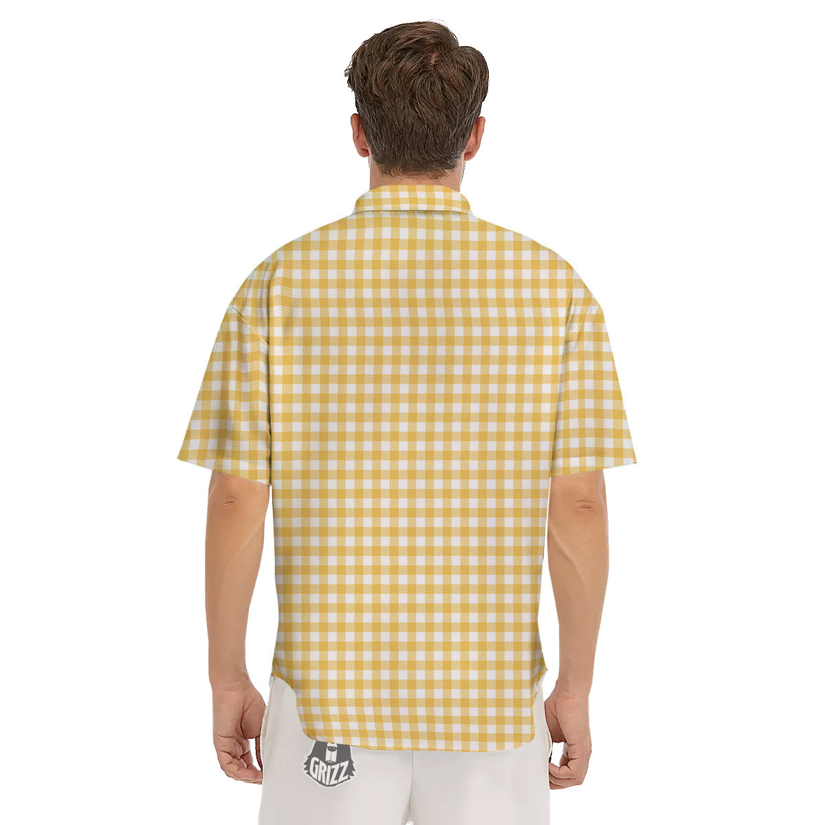 Yellow Canary And White Gingham Print Men's Short Sleeve Shirts-grizzshop