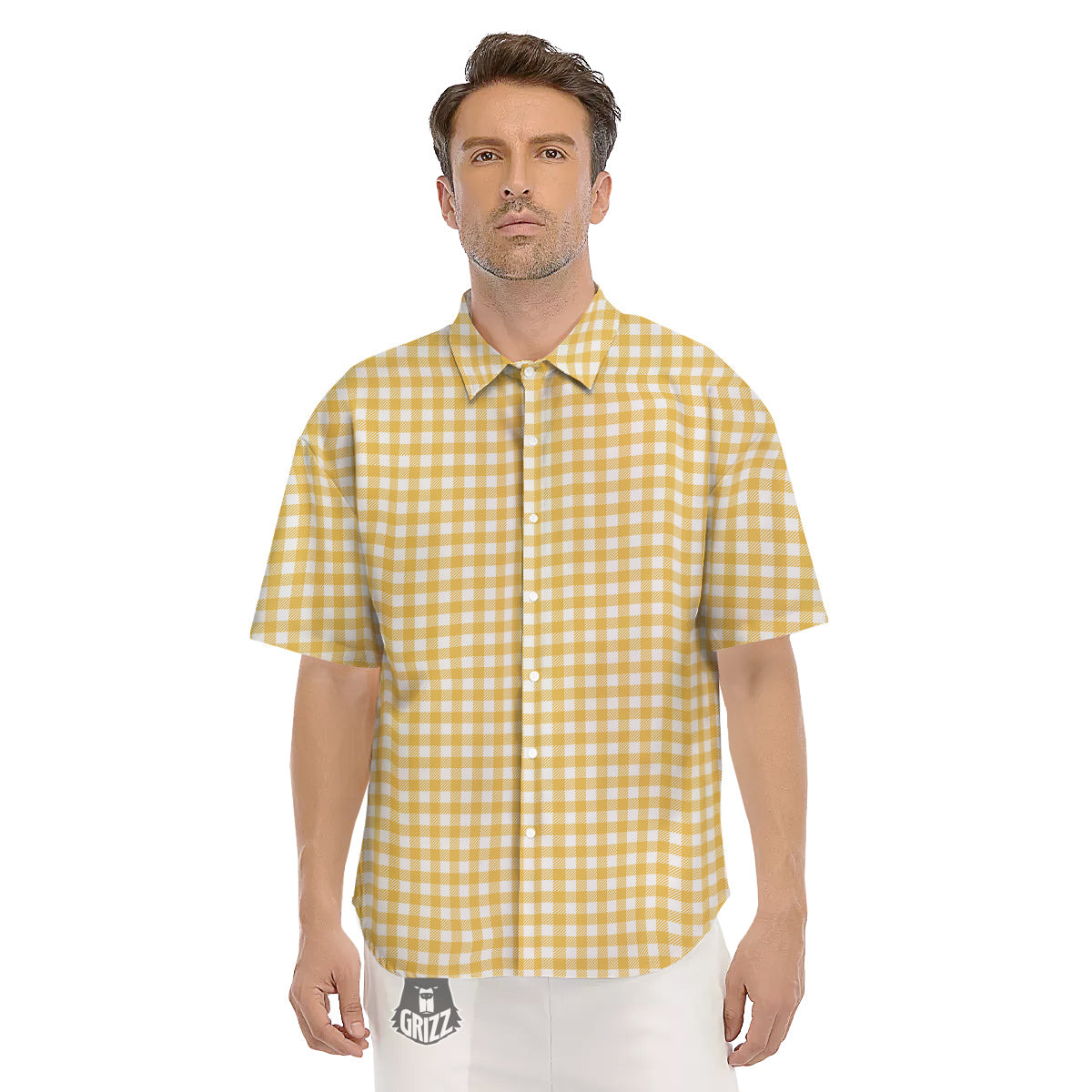 Yellow Canary And White Gingham Print Men's Short Sleeve Shirts-grizzshop