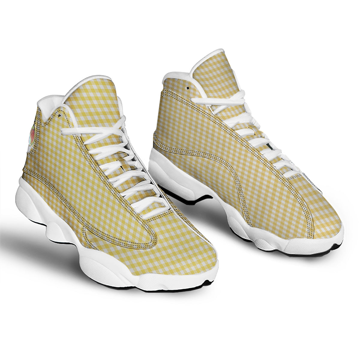 Yellow Canary And White Gingham Print White Basketball Shoes-grizzshop